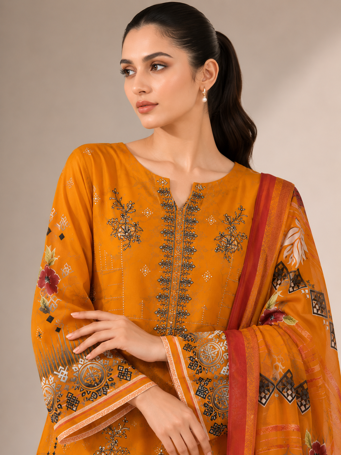 3-Piece Doria Lawn Suit with Full Embroidered Shirt with Printed Daman and Printed Dupatta - Mango Yellow