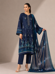3-Piece Doria Lawn Suit with Full Embroidered Shirt with Printed Daman and Printed Dupatta - Navy Blue