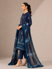 3-Piece Doria Lawn Suit with Full Embroidered Shirt with Printed Daman and Printed Dupatta - Navy Blue