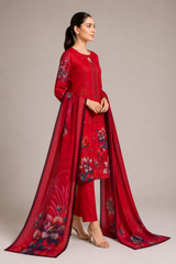 3-Piece Doria Lawn Suit with Full Embroidered Shirt with Printed Daman and Printed Dupatta - Red