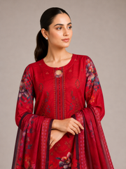 3-Piece Doria Lawn Suit with Full Embroidered Shirt with Printed Daman and Printed Dupatta - Red