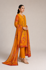 3-Piece Doria Lawn Suit with Full Embroidered Shirt with Printed Daman and Printed Dupatta - Yellow
