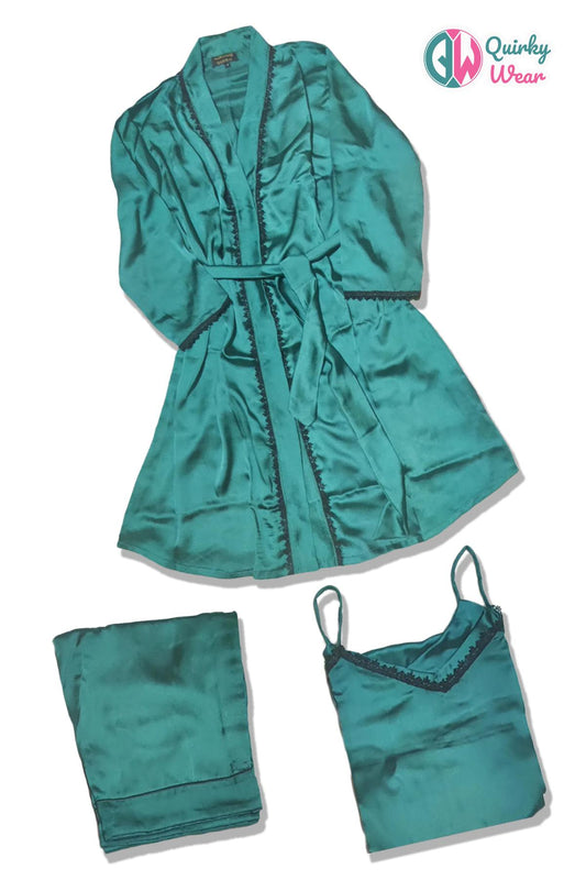 Green Silk 3 Piece Gown Set