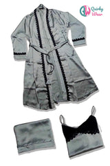 Grey Silk 3 Piece Gown Set