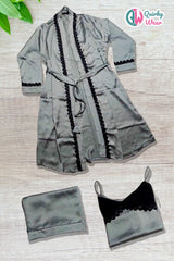 Grey Silk 3 Piece Gown Set