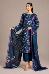 Blue Floral Printed 3-Piece Lawn Suit | Digital Print Kurta, Trouser & Dupatta