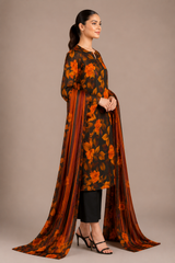 Black Floral Printed 3-Piece Lawn Suit | Digital Print Kurta, Trouser & Dupatta
