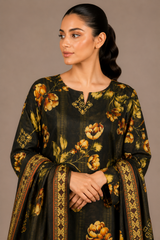 Black Floral Printed 3-Piece Lawn Suit | Digital Print Kurta, Trouser & Dupatta