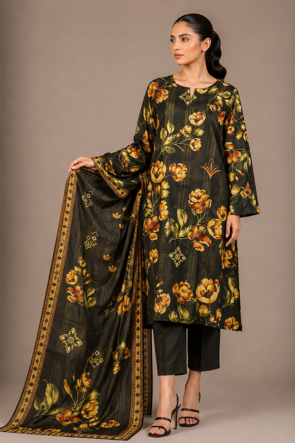 Black Floral Printed 3-Piece Lawn Suit | Digital Print Kurta, Trouser & Dupatta