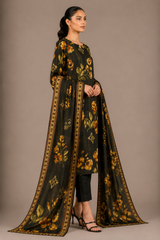 Black Floral Printed 3-Piece Lawn Suit | Digital Print Kurta, Trouser & Dupatta