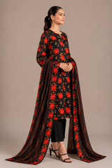 Black Floral Printed 3-Piece Lawn Suit | Digital Print Kurta, Trouser & Dupatta