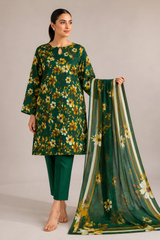 Green Floral Printed 3-Piece Lawn Suit | Digital Print Kurta, Trouser & Dupatta