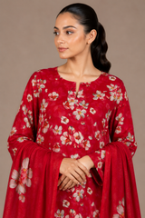 Red Floral Printed 3-Piece Lawn Suit | Digital Print Kurta, Trouser & Dupatta