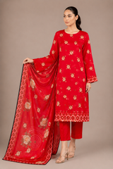 Red Floral Printed 3-Piece Lawn Suit | Digital Print Kurta, Trouser & Dupatta