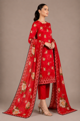 Red Floral Printed 3-Piece Lawn Suit | Digital Print Kurta, Trouser & Dupatta